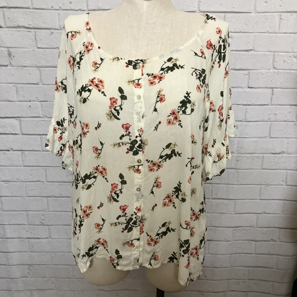 Kori America Floral Blouse L Boho Cottagecore Rayon Button Front Ruffle Sleeves